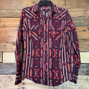 Rock&Roll Denim Ladies Burgundy Aztec Print Longsleeve‎ Snap Shirt size Small